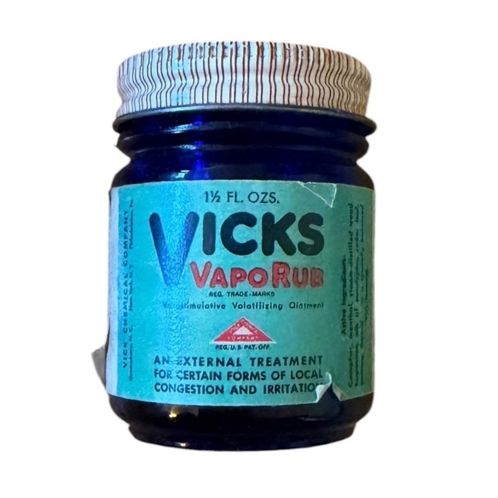 Vtg Vicks VapoRub Cobalt Blue Glass Jar 1.5 oz Paper Label Metal Red White Lid